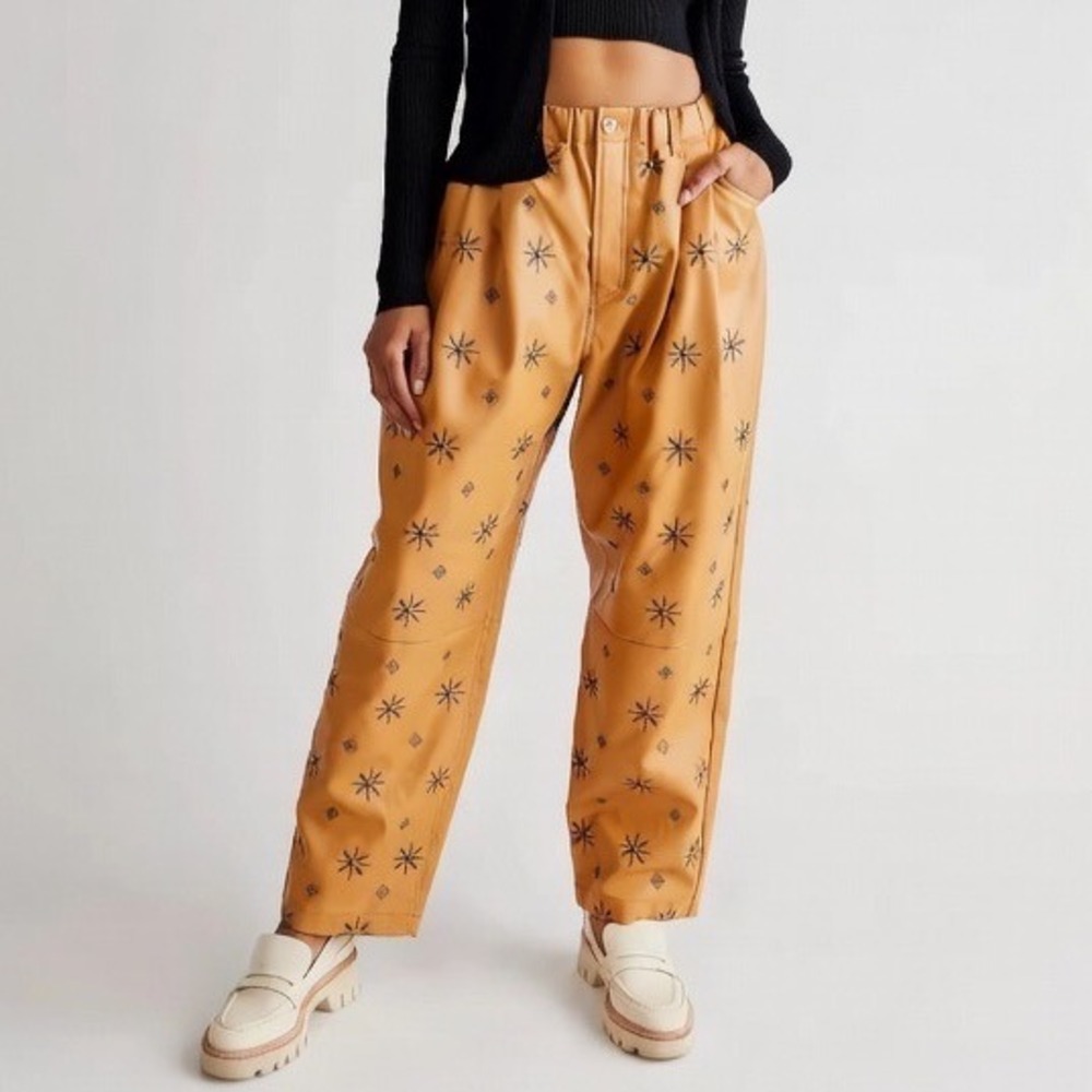 Free People Camille Vegan Faux Leather Embroidered Embellished Pants Tan Medium‎